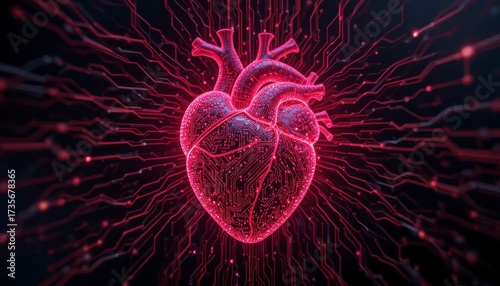 A digital heart glows red, surrounded by a network of interconnected lines, symbolizing the future of medicine and technology in healthcare