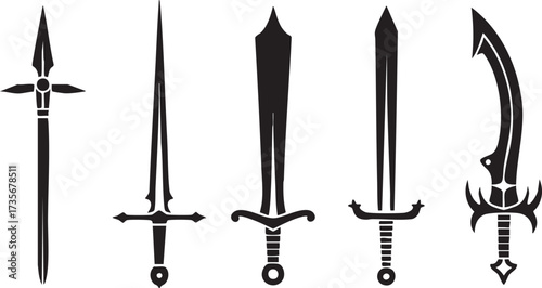 Black and White Fantasy Sword Icon Set for Gaming and Design