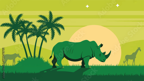 Vector art of green rhino and giraffe in a savanna landscape at sunset