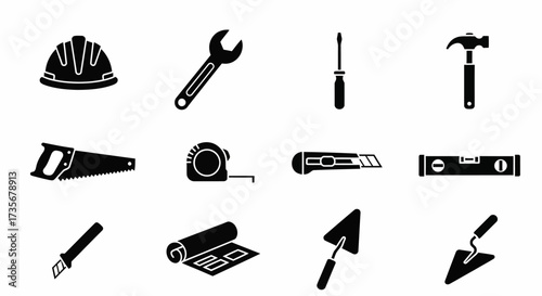 Black and white illustration of various construction tools, ready for use.