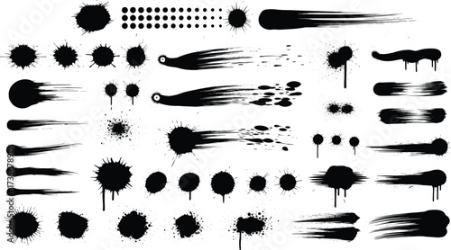 Black ink splatter brushes, paint drips, grunge smudge strokes, abstract splash design elements, vector illustration