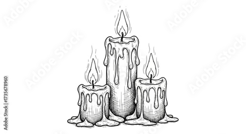 Three lit candles of varying sizes with dripping wax, creating a warm and cozy ambiance in a simple illustration.