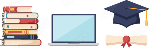 Books stack, laptop, graduation cap, diploma scroll, education and online learning concept for school university success, vector illustration