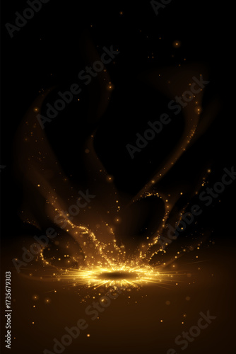 Golden light stage with sparks on black background