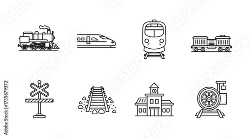 Collection of diverse hand-drawn style train and railway icons representing transportation and infrastructure vector
