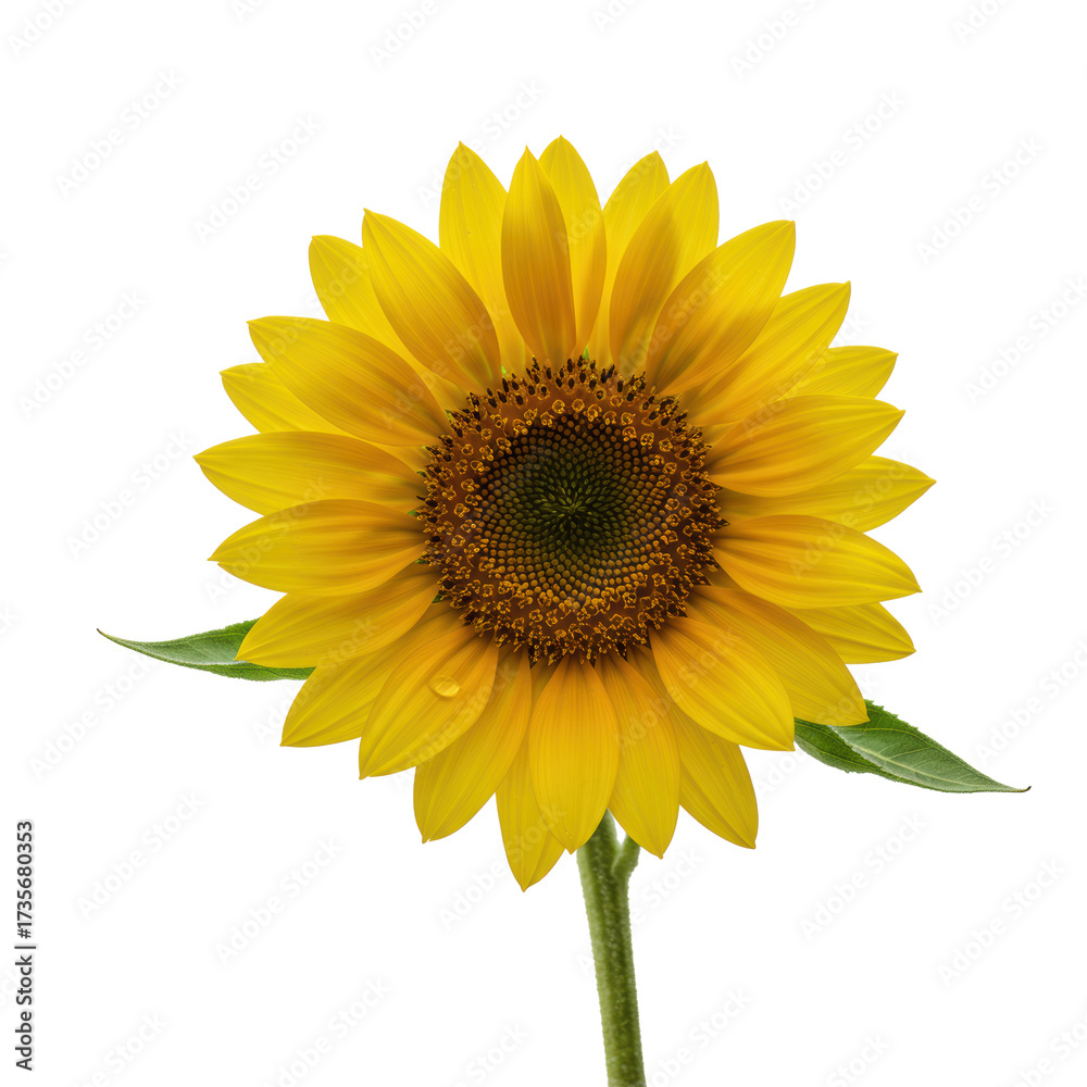 Fototapeta premium Pristine, fresh sunflower with vibrant yellow petals and a glistening spherical dewdrop, isolated on a clean transparent studio background, 45-degree view. Concept of commercial purity