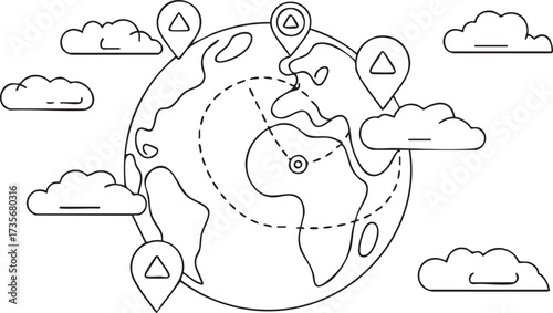 Simple Black and White Earth Symbol with Navigation Routes Vector