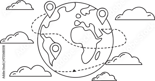 Line Art Illustration of World Map with Travel Destinations Icons