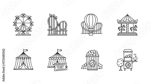 Set of hand drawn amusement park icons featuring ferris wheel roller coaster carousel circus tent and more vector