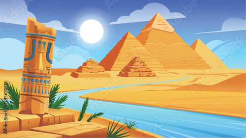 Vector art of ancient egyptian pyramids and river landscape with ruins