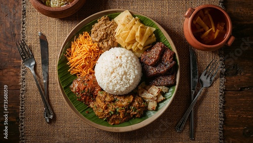 Nasi Padang, traditional Minangkabau dish with steamed rice, beef rendang, gulai chicken, sambal hijau, cassava leaves, and fried eggplant, authentic Indonesian cuisine visuals