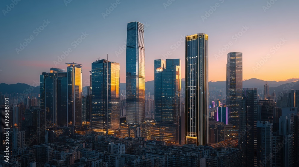 Fototapeta premium A breathtaking city skyline at sunset, showcasing modern skyscrapers reflecting golden hues against a twilight sky.