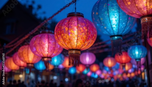 A captivating display of vibrant chinese lanterns illuminating the night sky, creating a festive and enchanting atmosphere with their colorful glow
