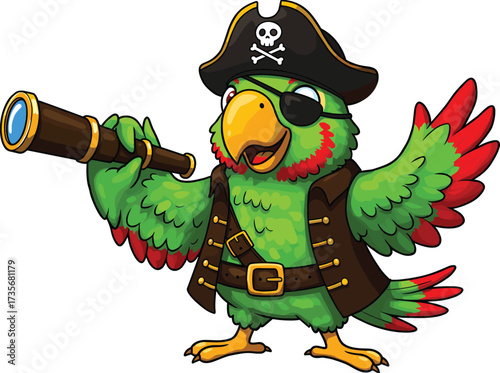 Cartoon pirate parrot, colorful tropical bird, pirate costume character, funny parrot illustration, pirate hat eye patch, telescope adventure, children’s cartoon mascot design, playful artwork