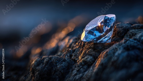 Single Round Diamond Resting on Dark Rough Rocks with Soft Lighting