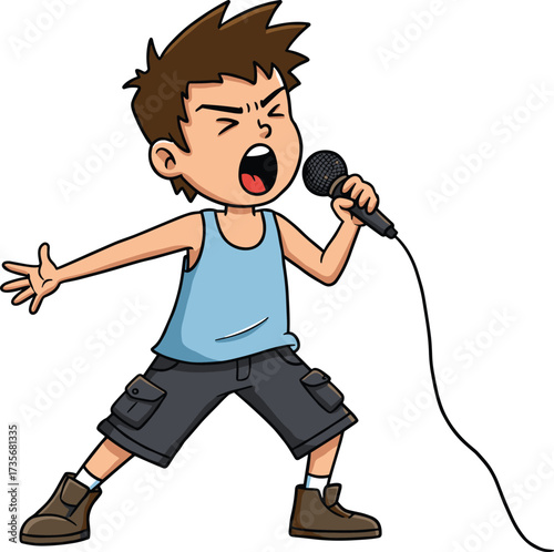 Cartoon singer illustration, energetic performance character, spiky hair boy with microphone, dynamic pose artwork, passionate music expression, animated concert scene, expressive vocal art drawing