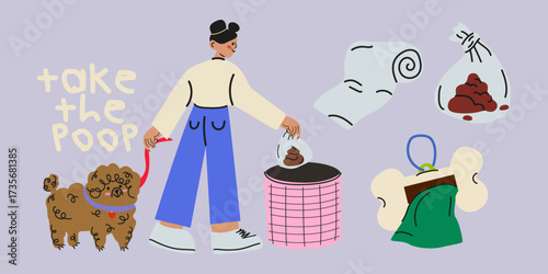 Cartoon girl character walking with her dog. Take the poop. Illustration of rules for walking dogs in park and street. Vector pets bundle