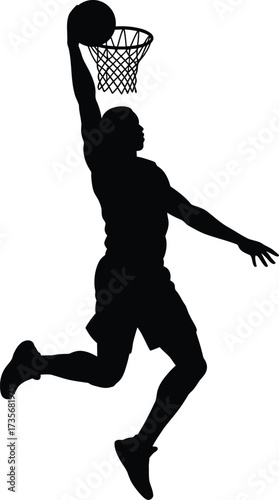 Dynamic silhouette of a basketball player dunking a ball into the hoop silhouette