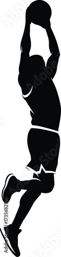 Dynamic silhouette of a basketball player in mid-air dunking with a ball silhouette
