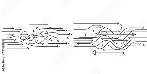 Abstract Illustration of Process Flow, Complexity, and Direction with Intertwined and Wavy Arrows