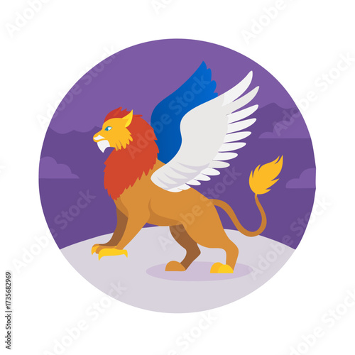 Griffin Winged Lion Eagle Mythical Creature Flat Colorful Round Fantasy Vector Icon