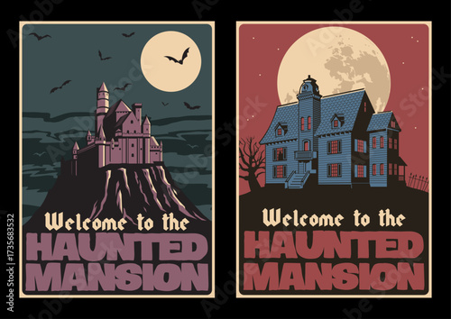 Welcome to the Haunted Mansion Halloween Greeting Cards, Vector Templates for Halloween Party Posters, Covers, Illustrations