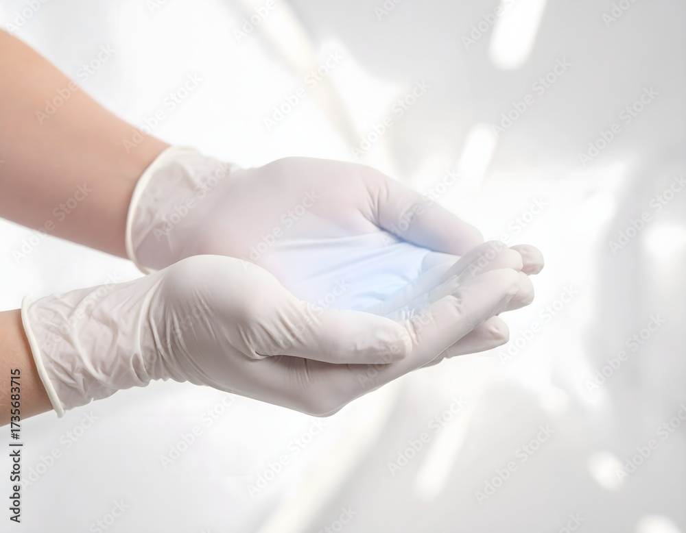 Naklejka premium A female nurse's hands, in sterile gloves. Her hands cupping a shimmering, ethereal blue light. The background is blurred, minimalist white, with subtle light refractions.