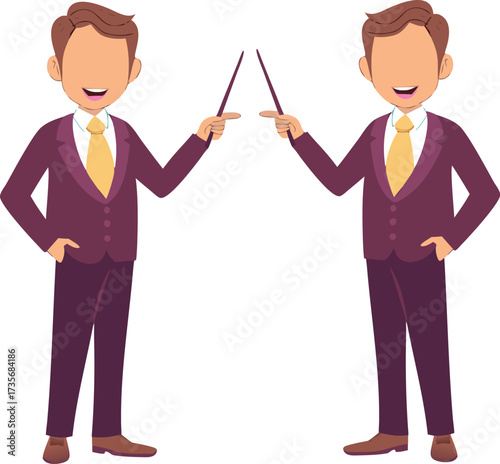 Editable vector illustration of two confident cartoon managers presenting with pointers, sharing a vision for success in a modern business meeting, clean flat style.