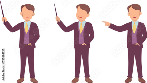 Editable vector illustration of a charismatic presenter in a maroon suit delivering an engaging sales pitch during a dynamic corporate training session in clean flat style.