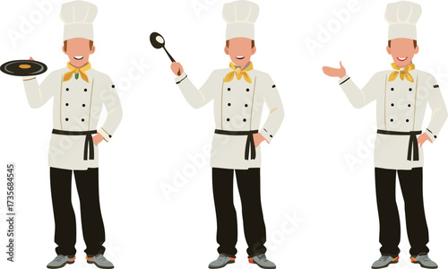 Editable vector illustration of three talented chefs in white uniforms with yellow scarves, showcasing culinary skills and enthusiasm against a plain white background in cartoon style.