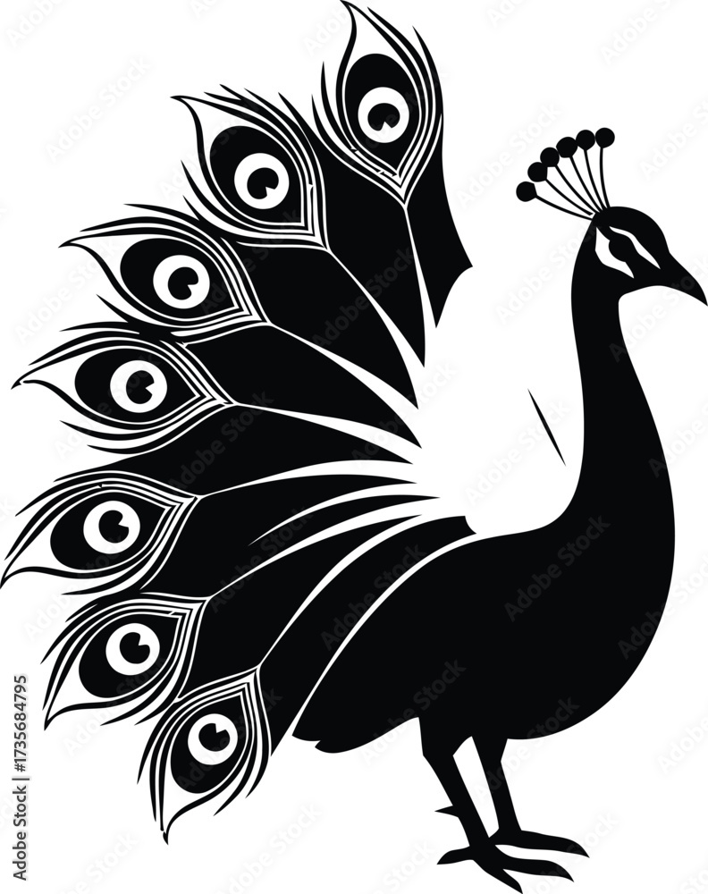 Fototapeta premium Elegant black silhouette of a peacock displaying its magnificent feathered tail artistically silhouette