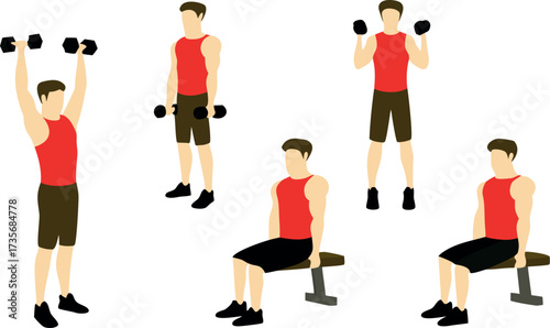 Editable vector illustration of a dedicated man doing dumbbell exercises on a weight bench, focusing on strength training and fitness routine in a clean minimalist style..