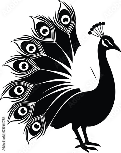 Elegant black silhouette of a peacock displaying its magnificent feathered tail artistically silhouette