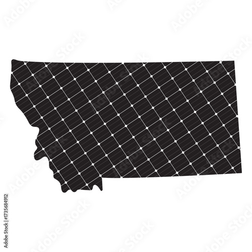 Montana map silhouette filled with solar panels, symbolizing renewable energy and green tech. Isolated on white, commercial use.

