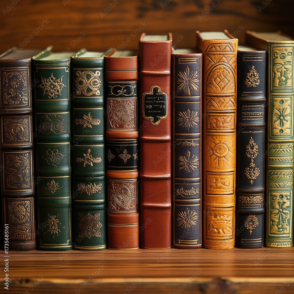 Naklejka premium Ornate leather-bound books on wooden shelf