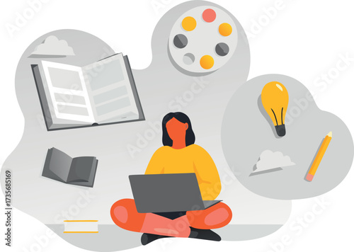 Editable vector illustration of a woman finding inspiration online, connecting with knowledge and creativity in a cozy remote learning setting with flat clean style.