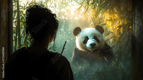 Woman gazing at a giant panda in a bamboo forest