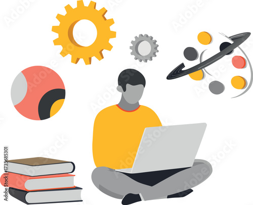 Editable vector illustration of a student contemplating innovative ideas while balancing creativity, knowledge, and problem-solving in a clean flat design style.