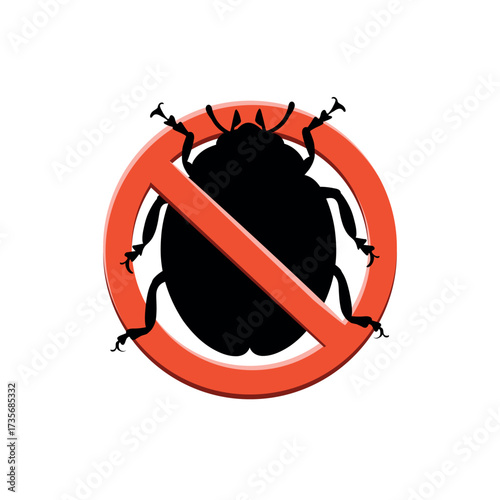 Black silhouette Stop red ladybug insect. Stop insects sign. Red ladybug insect in a red forbidding circle, vector