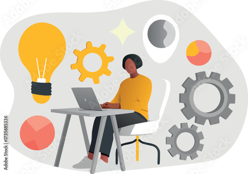 Editable vector illustration of an insightful businesswoman brainstorming ideas surrounded by charts and gears at her workstation with a laptop on desk in clean flat style.