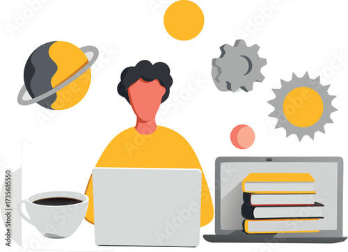 Editable vector illustration of an abstract freelancer in a creative space with laptop and coffee, solving problems through geometric shapes in a clean modern style.