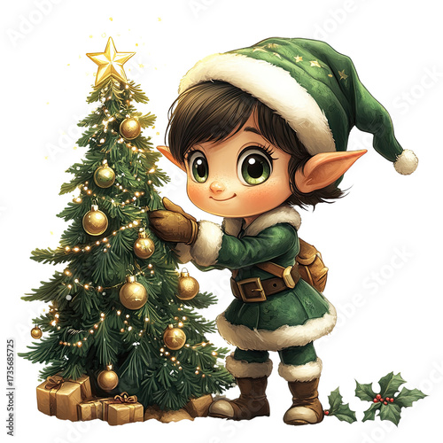 Festive Christmas Elf Art for Holiday Design, Cute Christmas Elf Decorating Tree Illustration – Adorable Christmas Elf Character with Ornaments