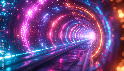 Celestial Tunnel: A vibrant neon tunnel streaks through the cosmos. with sparkling galaxies leading toward the future