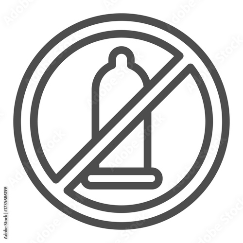 Condom ban line icon, protection concept. Vector graphics. Forbidden, prohibited item sign on white background, outline style icon for mobile or web design.