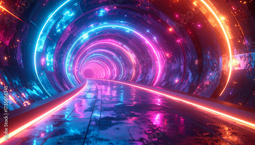 Neon Tunnel: Experience a breathtaking digital odyssey down a futuristic tunnel illuminated by vibrant neon lights.