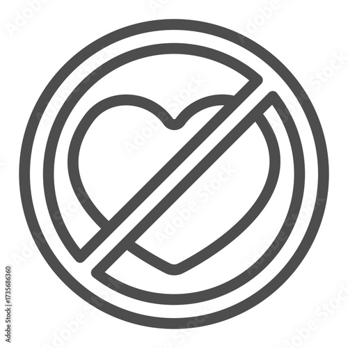 Heart like ban line icon, love and infatuation concept. Vector graphics. Forbidden, prohibited item sign on white background, outline style icon for mobile or web design.
