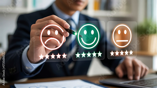 Customer feedback and satisfaction rating through online survey showcasing various emotional expressions and star ratings for business performance and improvement