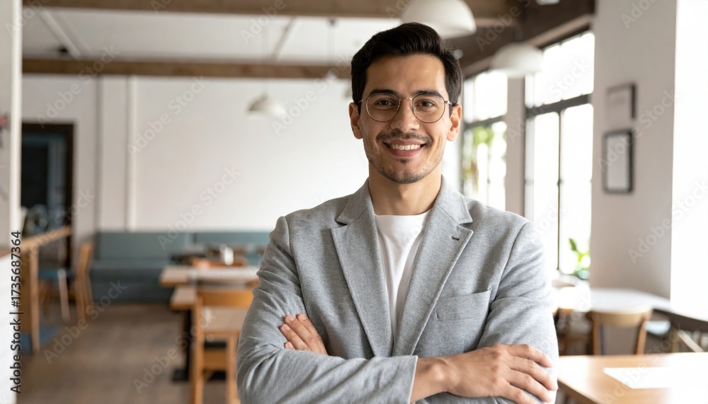 Fototapeta premium Adult exuding hospitality warmth open smile inviting posture daylight bounce cafe style neutrals friendly portrait for business service brand and community marketing