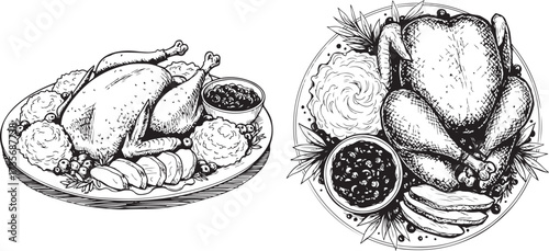 Hand-drawn Holiday Roasted Turkey Dinner with Traditional Side Dishes