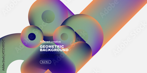 Dynamic composition features colorful overlapping shapes. Gradient hues blend, creating modern visual impact. Text invites further exploration.